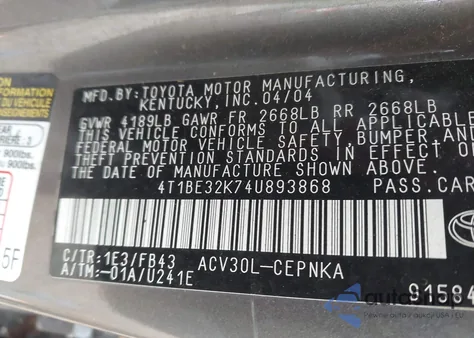 2004 Toyota Camry Le z USA, uszkodzony, nr VIN 4T1BE32K74U893868